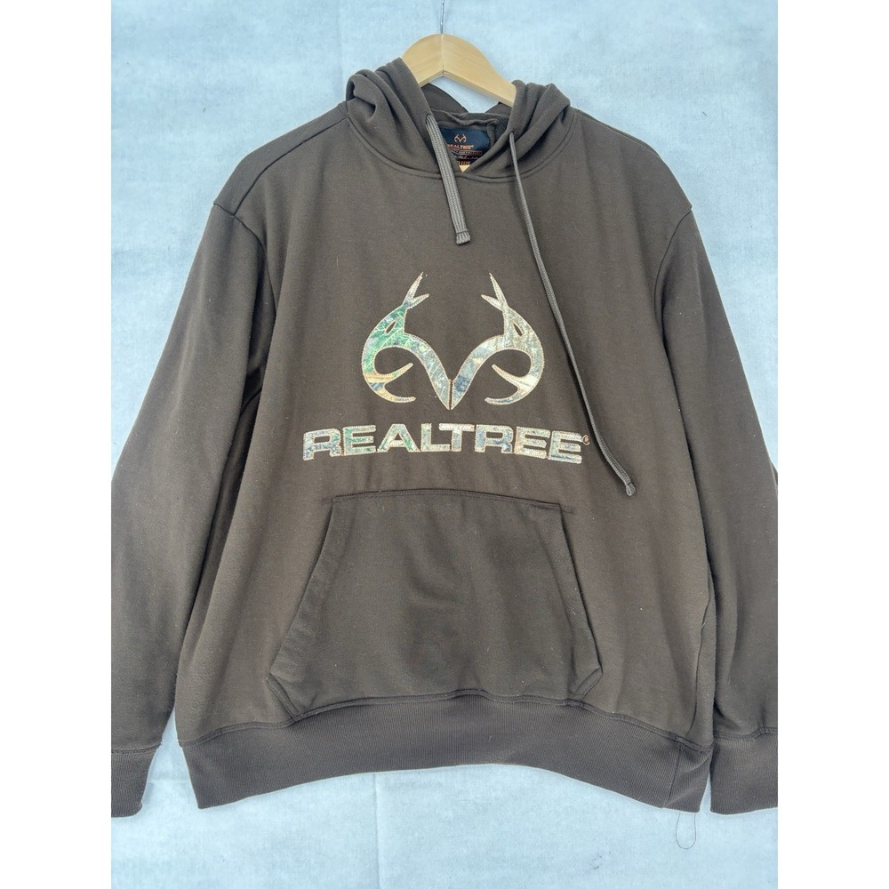 Realtree Fleece Pullover Hoodie Mens L Brown Graphic Print Logo Pockets